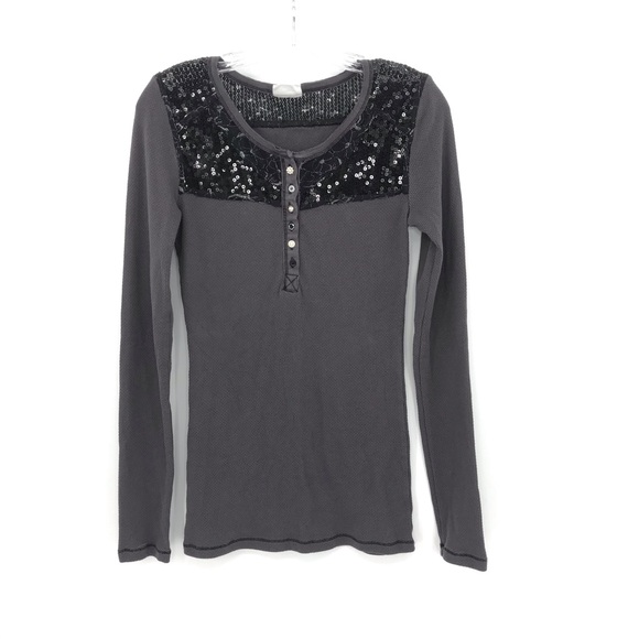 Free People Sequin Thermal Long Sleeve Gray Shirt - Picture 1 of 7